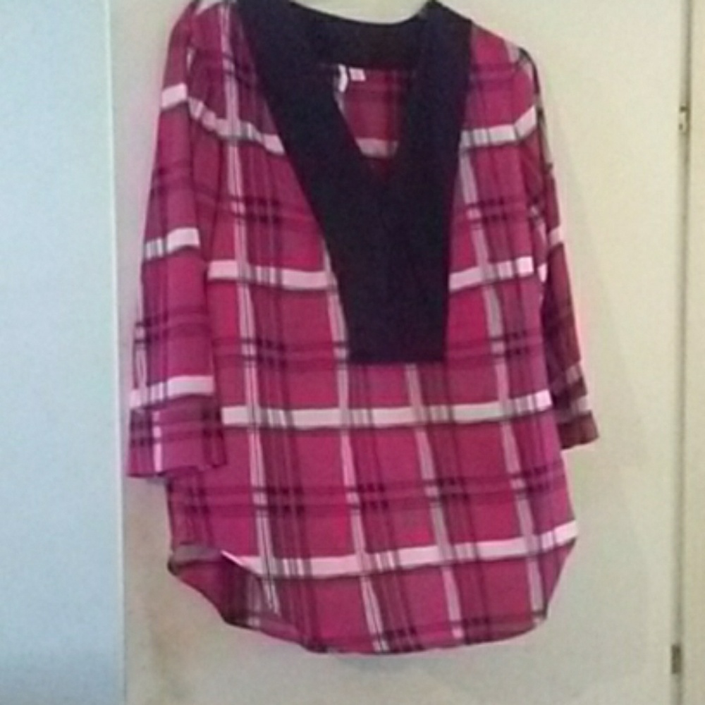 Pretty pink plaid blouse.